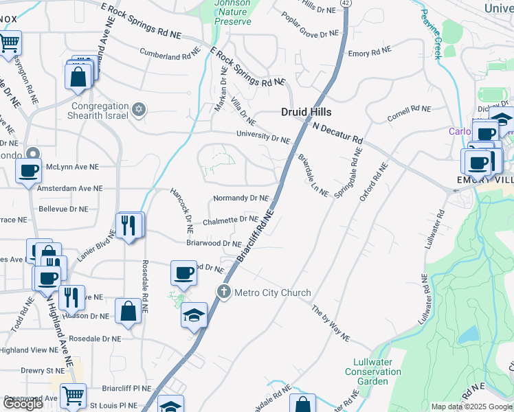map of restaurants, bars, coffee shops, grocery stores, and more near 1151 Briarcliff Road Northeast in Atlanta