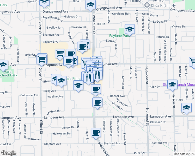 map of restaurants, bars, coffee shops, grocery stores, and more near 12310 Brookhurst Street in Garden Grove