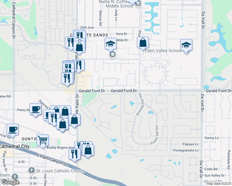 map of restaurants, bars, coffee shops, grocery stores, and more near 27 Vía Valverde in Cathedral City