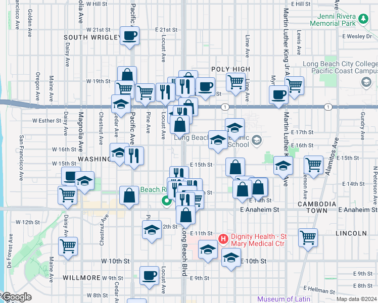 map of restaurants, bars, coffee shops, grocery stores, and more near 1598 Long Beach Boulevard in Long Beach