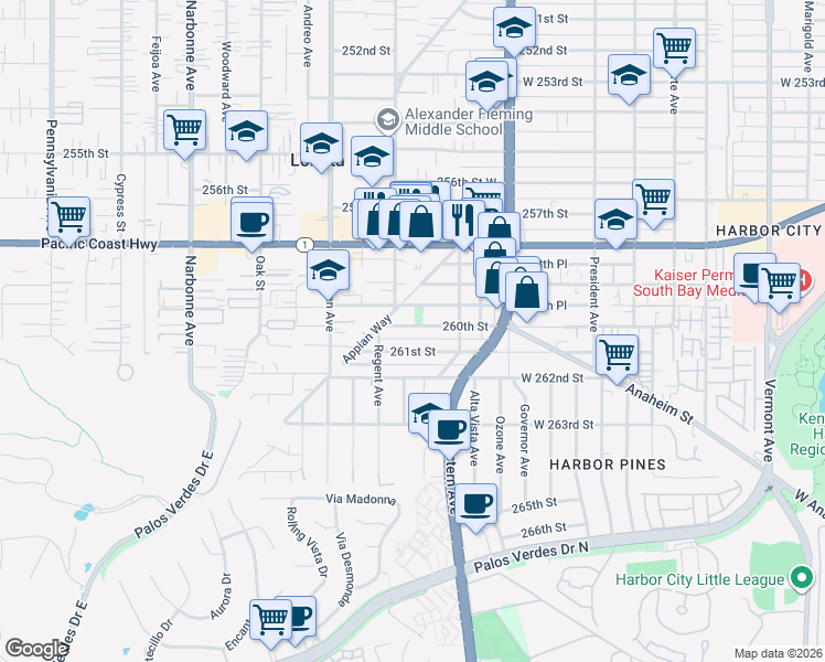 map of restaurants, bars, coffee shops, grocery stores, and more near 1839 261st Street in Lomita
