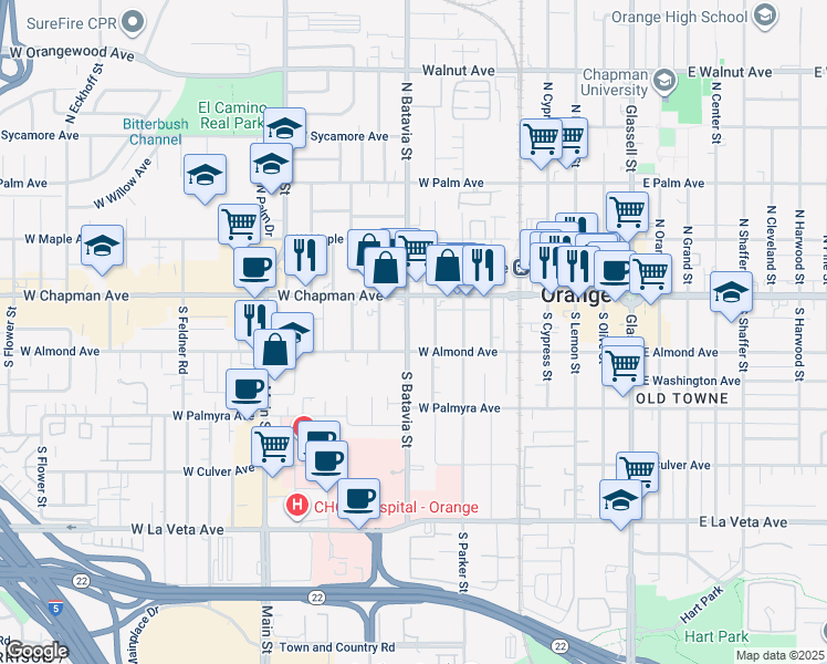 map of restaurants, bars, coffee shops, grocery stores, and more near 165 South Batavia Street in Orange