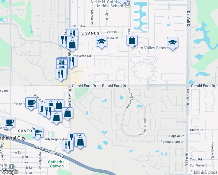map of restaurants, bars, coffee shops, grocery stores, and more near 12 Vía Valverde in Cathedral City