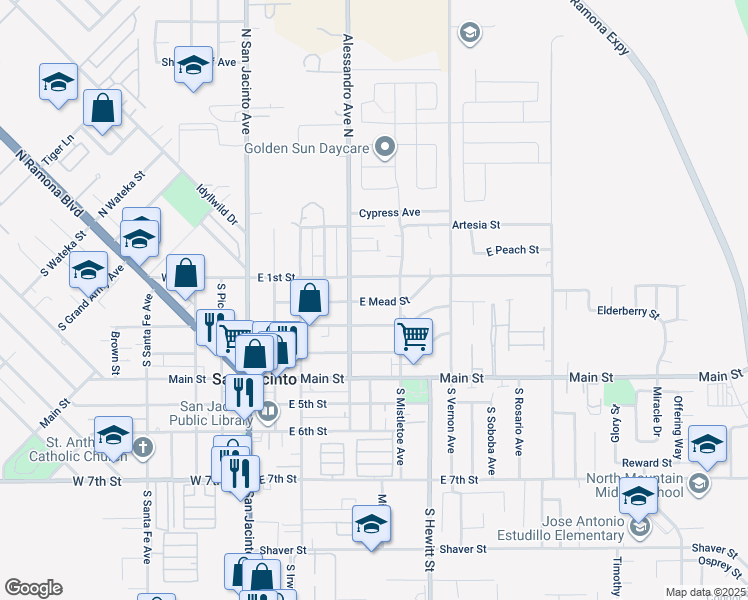 map of restaurants, bars, coffee shops, grocery stores, and more near 459 East 2nd Street in San Jacinto