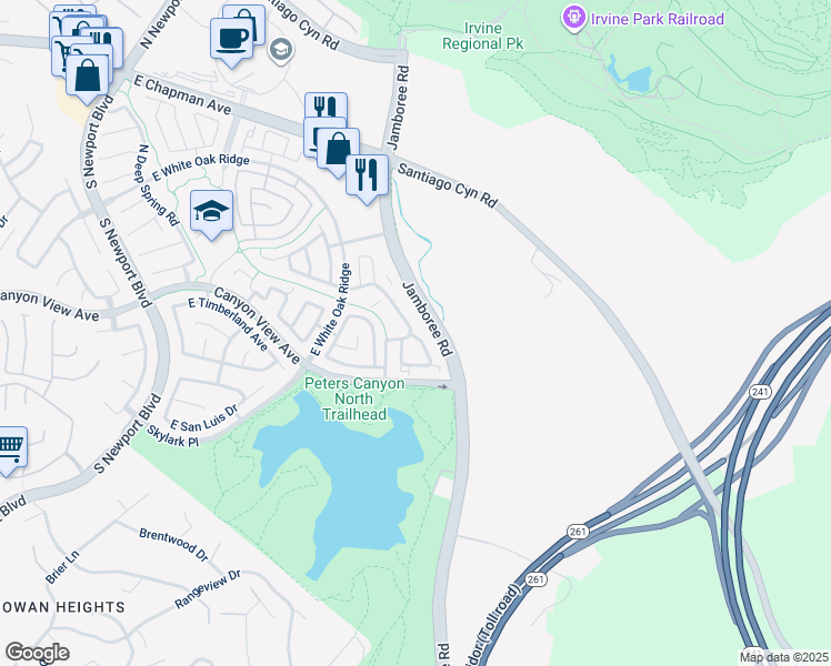 map of restaurants, bars, coffee shops, grocery stores, and more near 211 South Grisly Canyon Drive in Orange