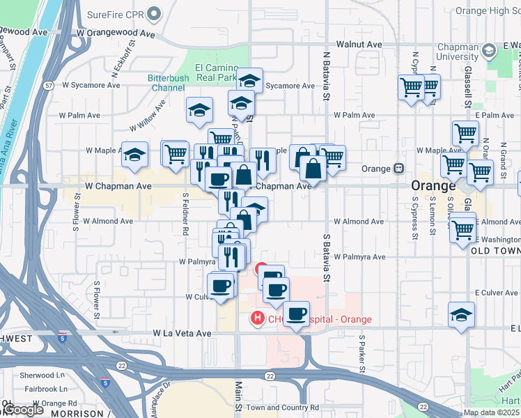 map of restaurants, bars, coffee shops, grocery stores, and more near 1298 W Almond Ave in Orange