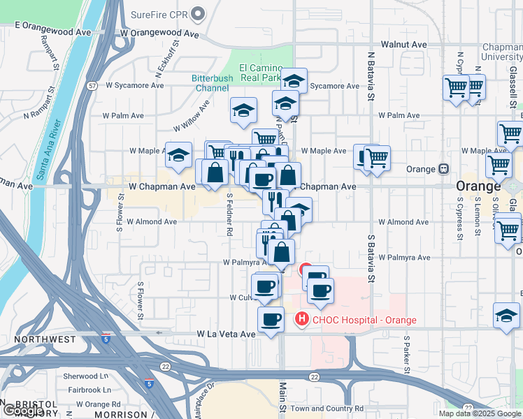 map of restaurants, bars, coffee shops, grocery stores, and more near 1455 West Almond Avenue in Orange