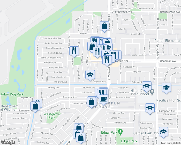 map of restaurants, bars, coffee shops, grocery stores, and more near in Garden Grove