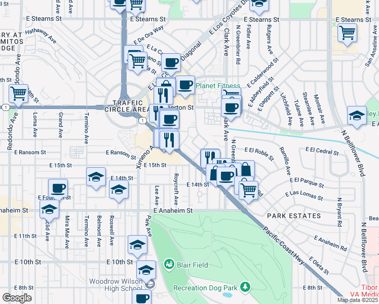 map of restaurants, bars, coffee shops, grocery stores, and more near 1488 Park Avenue in Long Beach