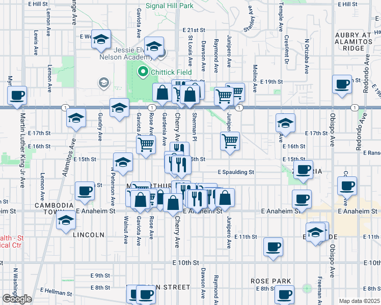 map of restaurants, bars, coffee shops, grocery stores, and more near 2024 East 15th Street in Long Beach