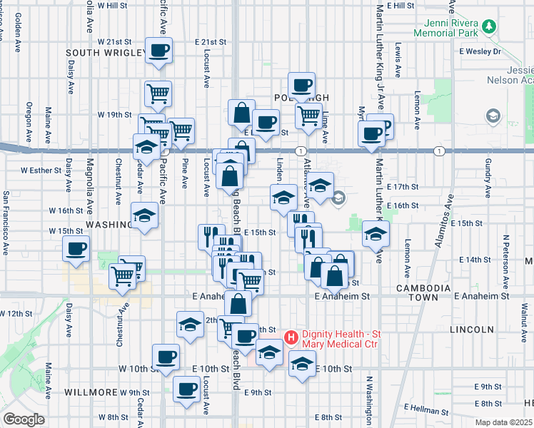 map of restaurants, bars, coffee shops, grocery stores, and more near 1534 Elm Avenue in Long Beach