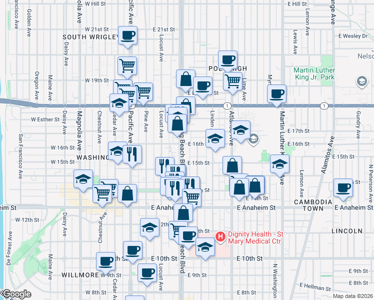 map of restaurants, bars, coffee shops, grocery stores, and more near 1545 Long Beach Boulevard in Long Beach