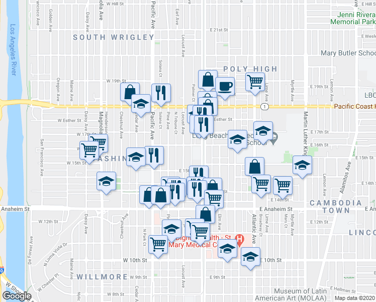 map of restaurants, bars, coffee shops, grocery stores, and more near 1532 Locust Avenue in Long Beach
