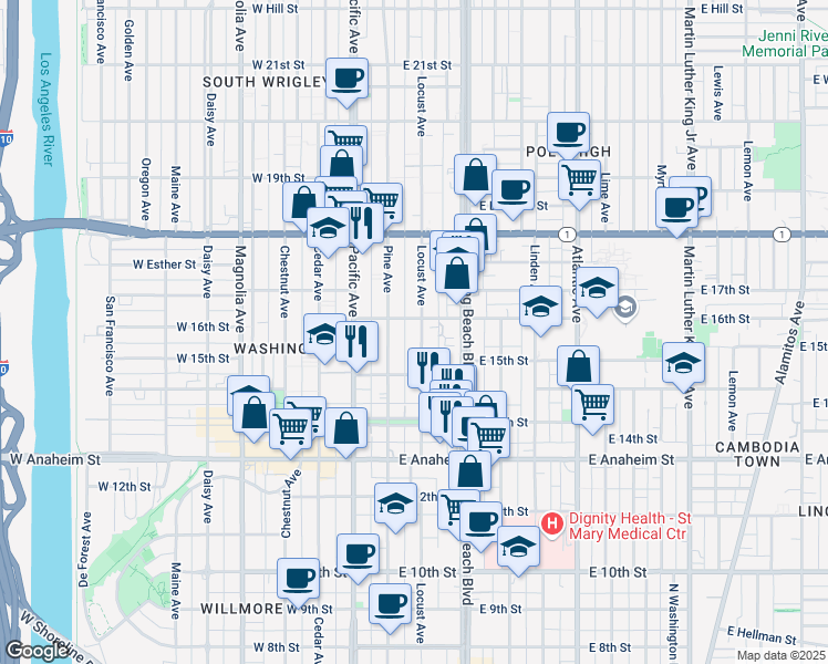 map of restaurants, bars, coffee shops, grocery stores, and more near 1532 Locust Avenue in Long Beach