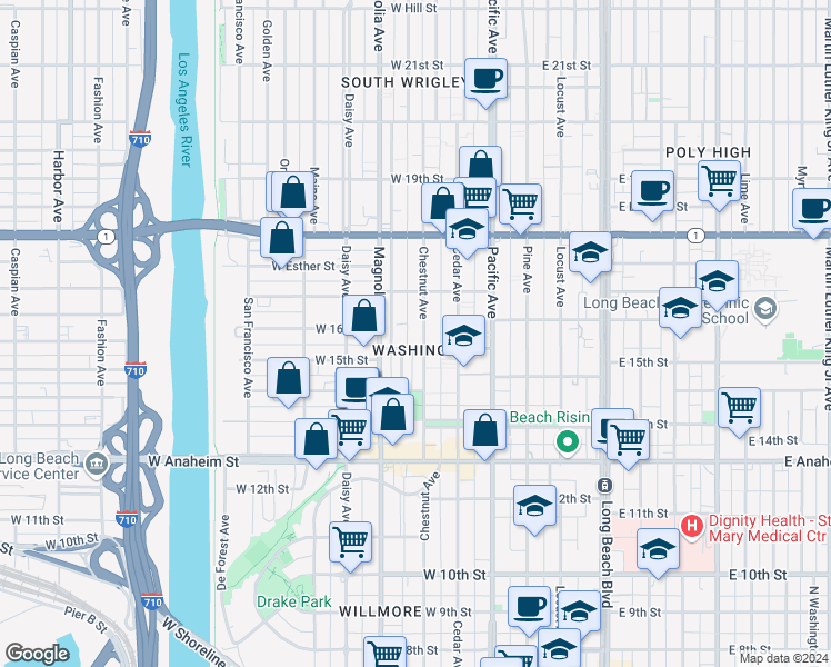 map of restaurants, bars, coffee shops, grocery stores, and more near 1486 Henderson Avenue in Long Beach