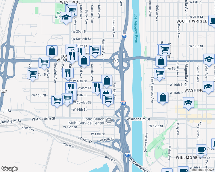 map of restaurants, bars, coffee shops, grocery stores, and more near 1345 West Gaylord Street in Long Beach