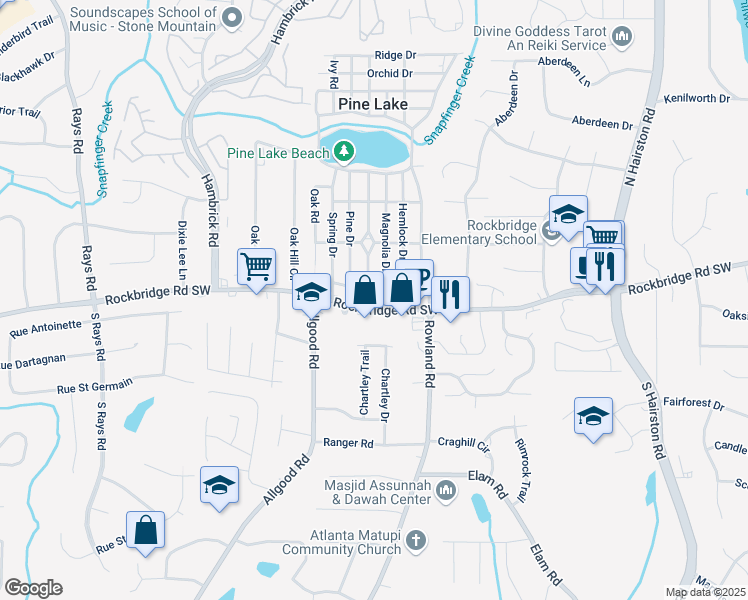 map of restaurants, bars, coffee shops, grocery stores, and more near 4600 Rockbridge Road Southwest in Stone Mountain