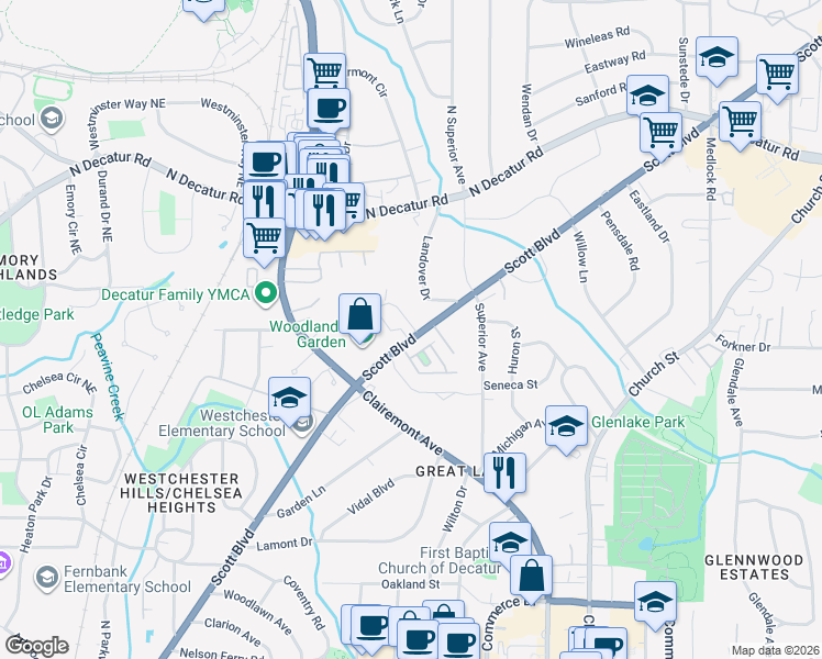 map of restaurants, bars, coffee shops, grocery stores, and more near 25 High Gate Trail in Decatur