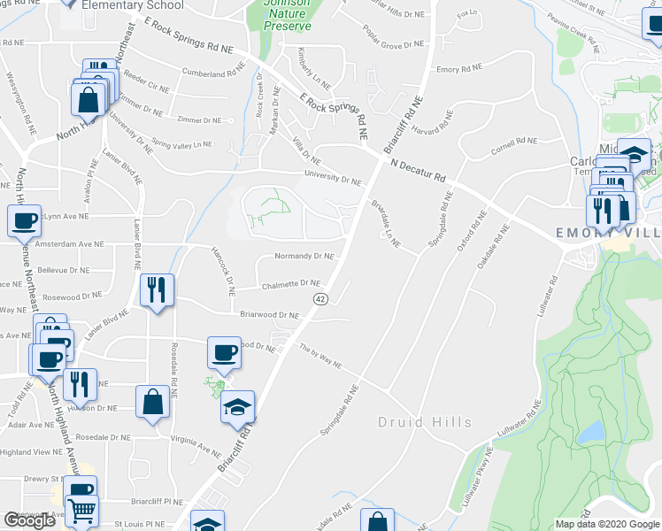 map of restaurants, bars, coffee shops, grocery stores, and more near 1151 Briarcliff Road Northeast in Atlanta