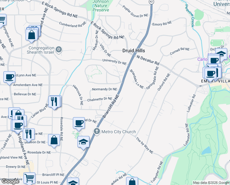 map of restaurants, bars, coffee shops, grocery stores, and more near 1151 Briarcliff Road Northeast in Atlanta