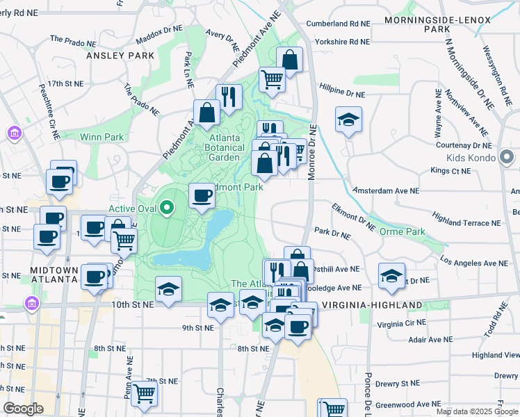 map of restaurants, bars, coffee shops, grocery stores, and more near 525 Park Drive Northeast in Atlanta