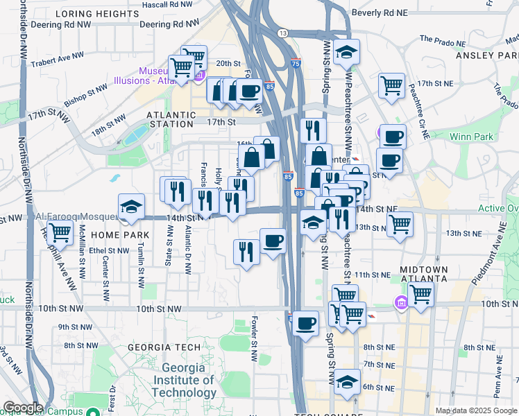 map of restaurants, bars, coffee shops, grocery stores, and more near 188 14th Street Northwest in Atlanta