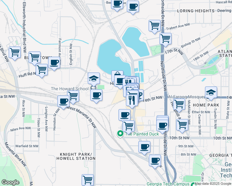 map of restaurants, bars, coffee shops, grocery stores, and more near 790 Huff Road Northwest in Atlanta