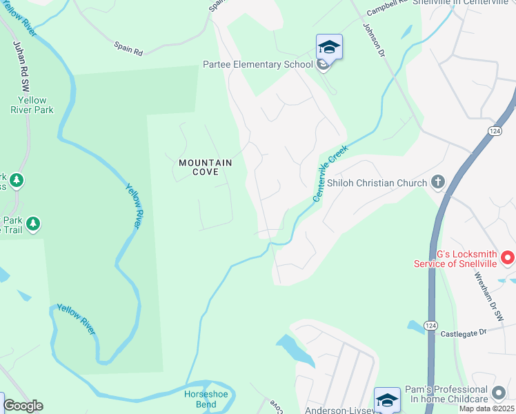 map of restaurants, bars, coffee shops, grocery stores, and more near 3841 Mountain Way Cove in Snellville