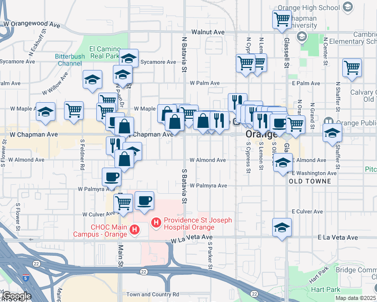 map of restaurants, bars, coffee shops, grocery stores, and more near 165 South Batavia Street in Orange