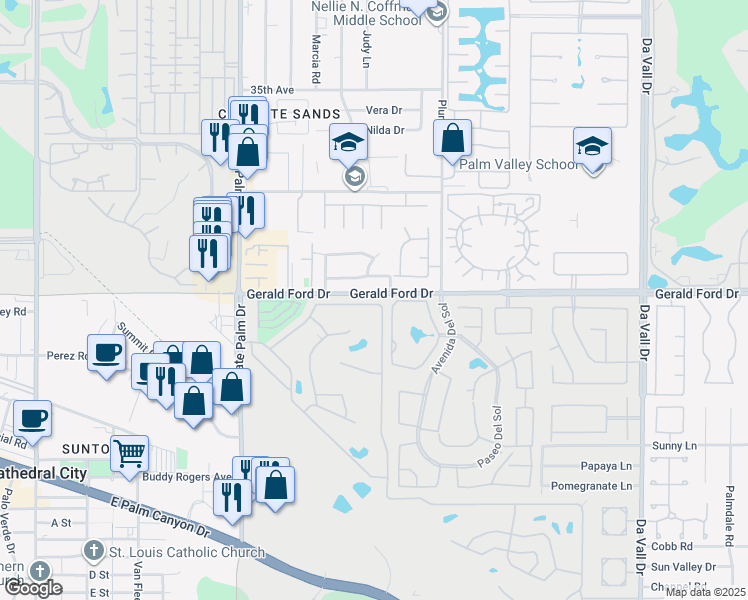 map of restaurants, bars, coffee shops, grocery stores, and more near 12 Vía Valverde in Cathedral City