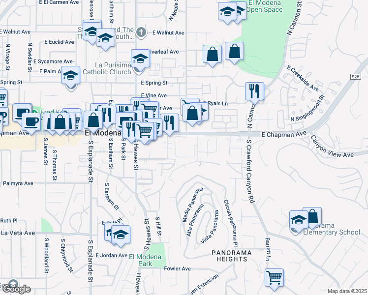 map of restaurants, bars, coffee shops, grocery stores, and more near 4900 E Chapman Avenue in Orange