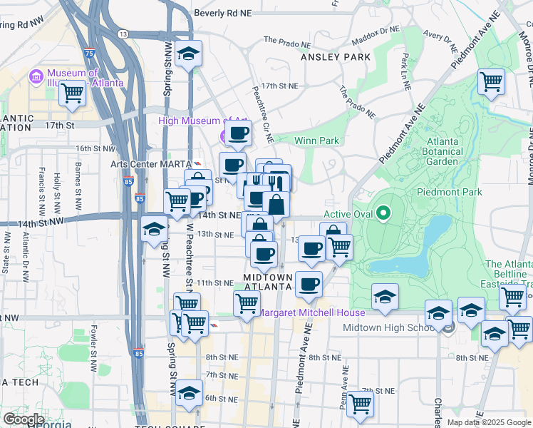 map of restaurants, bars, coffee shops, grocery stores, and more near 1180 West Peachtree Street Northwest in Atlanta