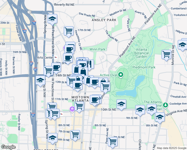 map of restaurants, bars, coffee shops, grocery stores, and more near 222 14th Street Northeast in Atlanta