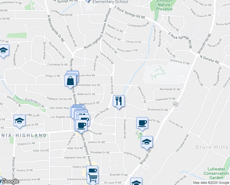 map of restaurants, bars, coffee shops, grocery stores, and more near 1171 Lanier Boulevard Northeast in Atlanta