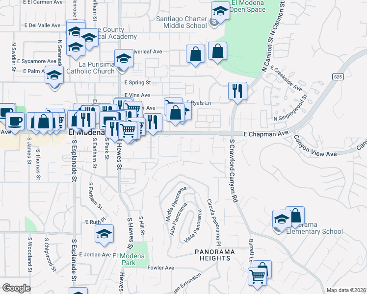 map of restaurants, bars, coffee shops, grocery stores, and more near 19071 East Smiley Drive in Orange