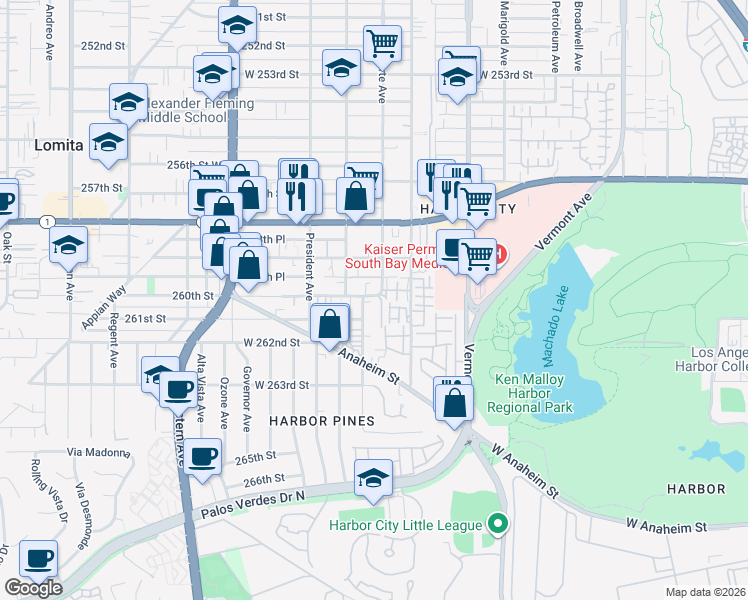 map of restaurants, bars, coffee shops, grocery stores, and more near 26020 Belle Porte Avenue in Los Angeles