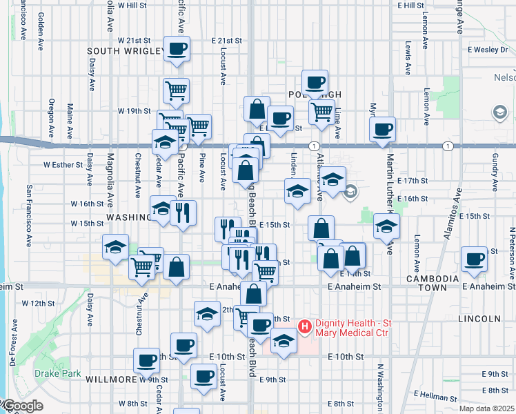 map of restaurants, bars, coffee shops, grocery stores, and more near in Long Beach