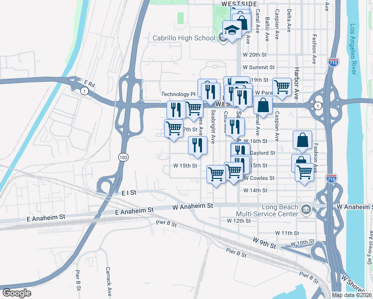 map of restaurants, bars, coffee shops, grocery stores, and more near 2035 West 15th Street in Long Beach