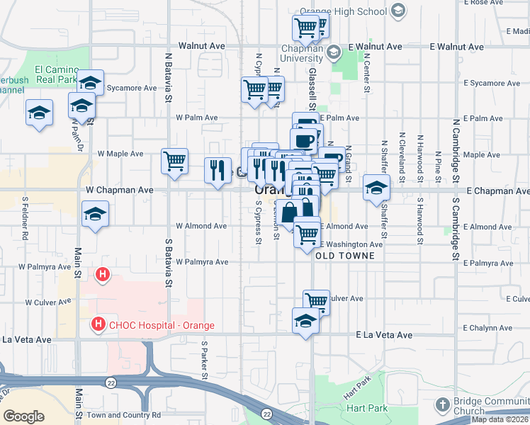 map of restaurants, bars, coffee shops, grocery stores, and more near 163 South Cypress Street in Orange