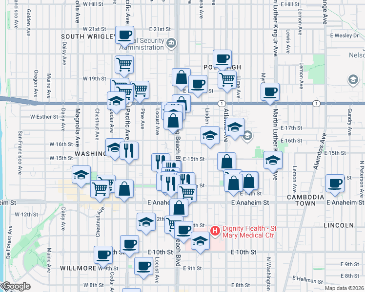 map of restaurants, bars, coffee shops, grocery stores, and more near 1598 Long Beach Boulevard in Long Beach
