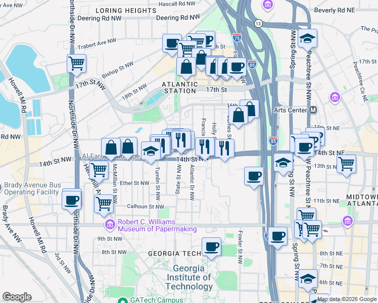 map of restaurants, bars, coffee shops, grocery stores, and more near in Atlanta