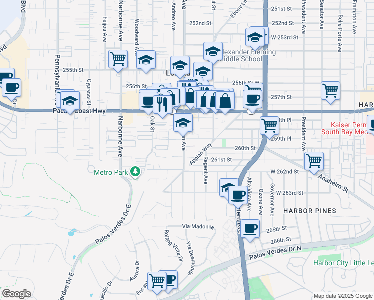 map of restaurants, bars, coffee shops, grocery stores, and more near 26006 Eshelman Avenue in Lomita