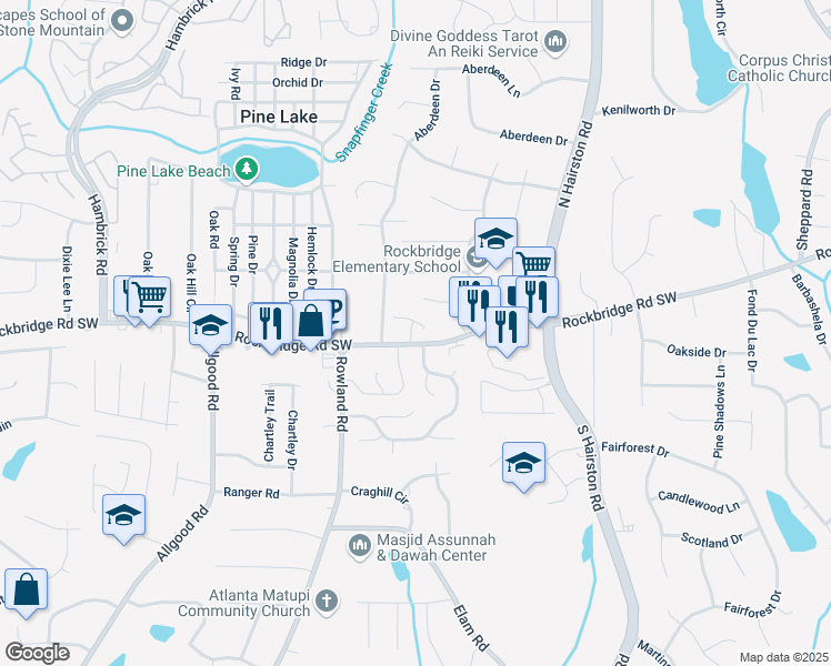 map of restaurants, bars, coffee shops, grocery stores, and more near 419 Thomas Jefferson Drive in Stone Mountain