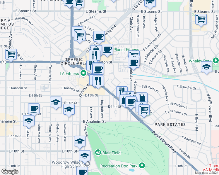 map of restaurants, bars, coffee shops, grocery stores, and more near 4775 Pacific Coast Highway in Long Beach