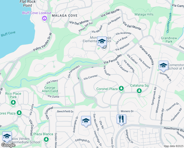map of restaurants, bars, coffee shops, grocery stores, and more near 1815 Vía Coronel in Palos Verdes Estates