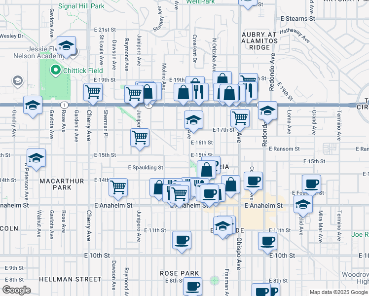 map of restaurants, bars, coffee shops, grocery stores, and more near 1510 Hile Avenue in Long Beach