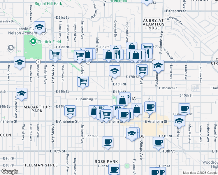 map of restaurants, bars, coffee shops, grocery stores, and more near 1510 Hile Avenue in Long Beach