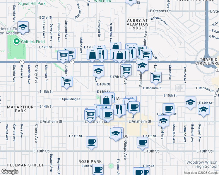 map of restaurants, bars, coffee shops, grocery stores, and more near 1525 Orizaba Avenue in Long Beach