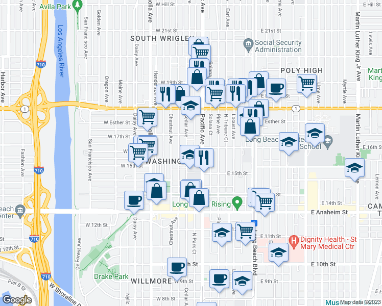 map of restaurants, bars, coffee shops, grocery stores, and more near 1526 Cedar Avenue in Long Beach