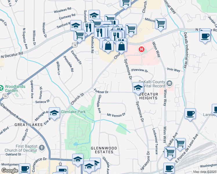 map of restaurants, bars, coffee shops, grocery stores, and more near 21 Old Decatur Circle in Decatur